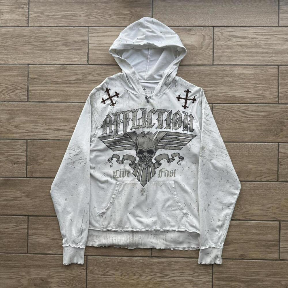 Y2K Affliction Distressed Skull Cross White Hoodie - Picture 6 of 8